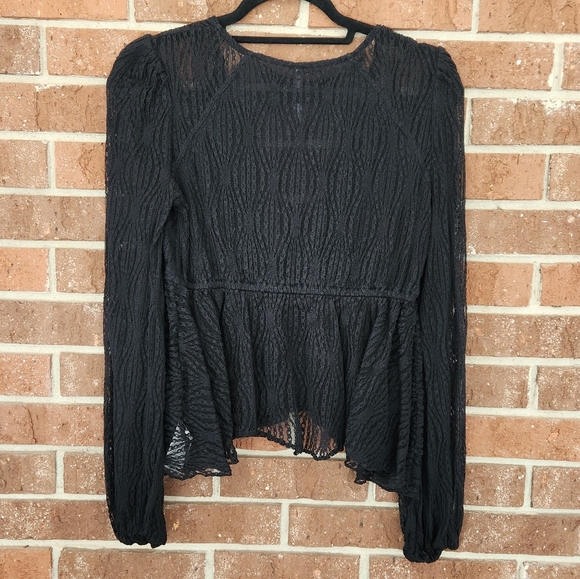 Free People Black Long Sleeve Flowy Low Cut Lace Top w/Bow - Picture 3 of 14